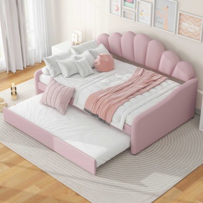 NicBex Full Size Upholstery Daybed Frame with Shall Shaped Backrest and Trundle for Bedroom,Living Room,Apartment