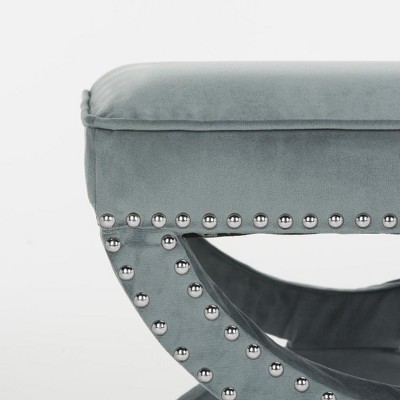 Mystic Blue Velvet Box Ottoman with Nailhead Detailing