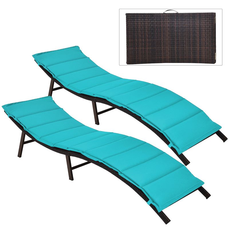 Tangkula 2PCS Outdoor Patio Rattan Wicker Lounge Chair Chaise Folding W/Cushions Turquoise, 1 of 10