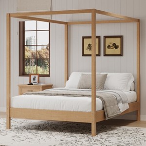 Queen/King Size Four Poster Platform Bed, Solid Wood Canopy Bed Frame, No Box Spring Needed - ModernLuxe - 1 of 4