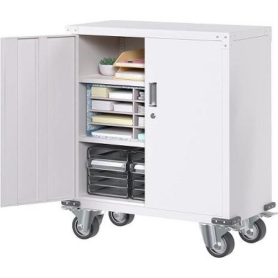 Aobabo 2 Doors Lockable Garage Metal Storage Cabinet on Wheels, 35.4 Inches Small Steel Rolling Tool Storage Cabinet for Home,Office,Garage