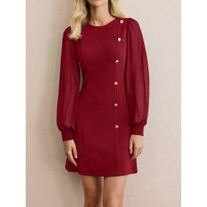Women Crew Neck Midi Dress Long Lace Sleeve Flowy Fake Button Cocktail Party Mini Dress - 1 of 4