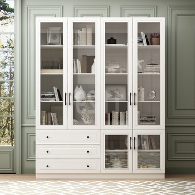 Famapy White 6 Door 3 Drawer Large Storage Cabinet Glass Door Built-in Light Strip Modern Style