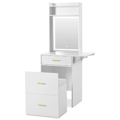 Small Vanity Desk with Mirror and Light, Dressing Table with Charging Station & Fold-up Panel for Small Space