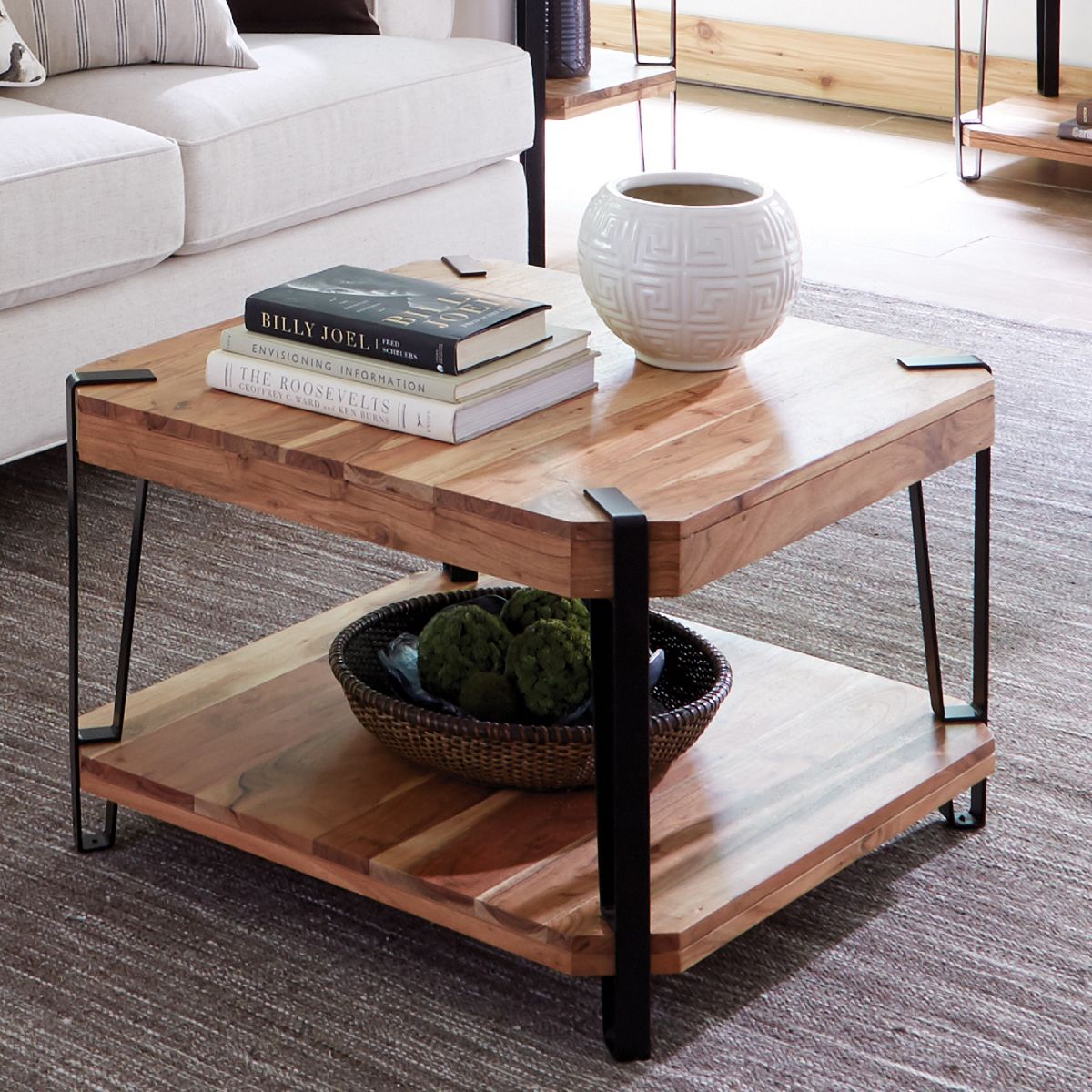 Alaterre Furniture 28" Ryegate Natural Brown Live Edge Solid Wood Cube Coffee Table Metal And Wood: Acacia Top, 4-Leg Base - thumbnail 3