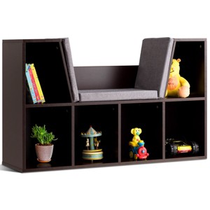 Infans 6 Cubby Kid Storage Cabinet Cushioned Bookcase Multi-Purpose Reading Shelf Brown - 1 of 4