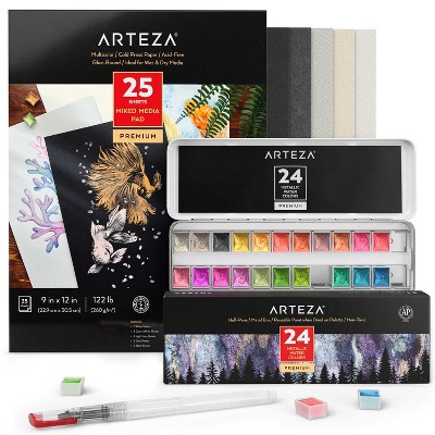 Arteza Metallic Watercolor Art Supply Set with Half-Pans, Water Brush Pen, and 5 Colors of Paper- 24 Colors (ARTZ-3877)