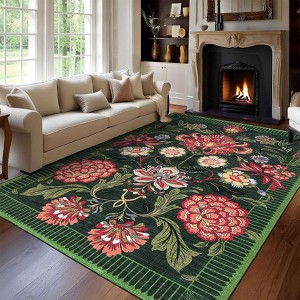 Washable Floral Botanical Rug Non Slip Low Pile Rug Soft Vintage Throw Floor Cover Foldable Indoor Carpet for Living Room Bedroom Playroom Kids Room - 1 of 4