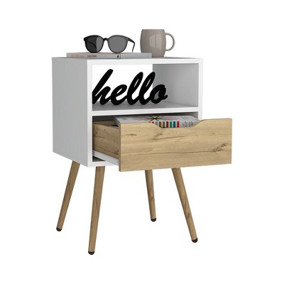 Vynxaria 1-Drawer Nightstand - White/Light Oak Finish, 20.9" Superior Top, Open Shelf, Four Legs, Durable Build