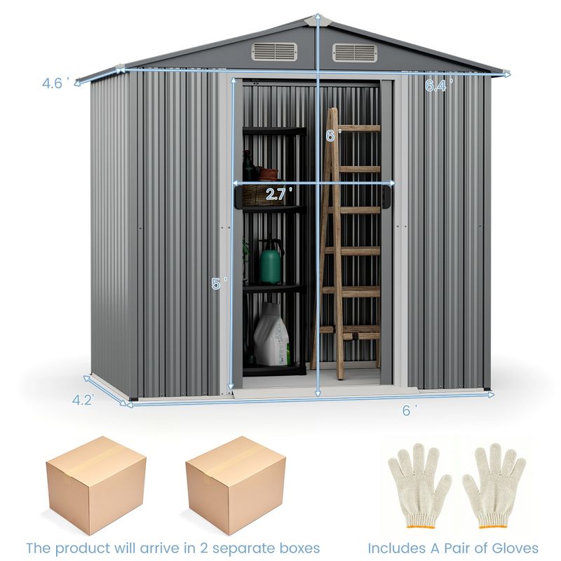 Costway 6 x 4 FT Outdoor Storage Shed Galvanized Steel Shed with Sliding Doors Wood Grain Natural/Grey, 3 of 11