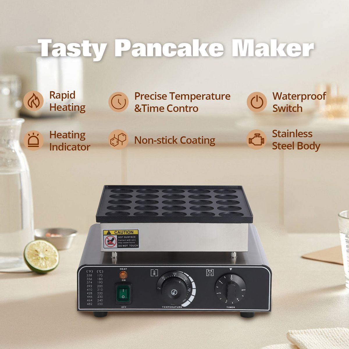25-Hole Electric Nonstick Mini Dutch Pancake Maker, 1.8" Holes, 50-300℃ Adjustable Temp, Fast Heating, Easy Clean, American Plug for Home & Snack Bar - thumbnail 5