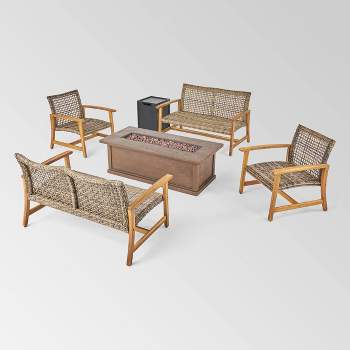 Breakwater 6pc Wood & Wicker Chat Set with Fire Pit - Natural/Gray/Brown - Christopher Knight Home