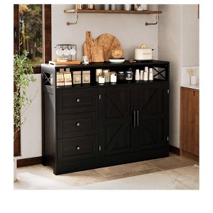 Black 47" Modern Farmhouse Sideboard Buffet Cabinet, 3 Drawers & Open Shelf, Coffee Bar - 1 of 4