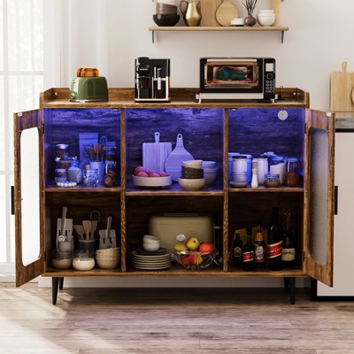 Aheaplus Sideboard Buffet with Charge Station and LED Light, Farmhouse Bar Cabinet with Wine Holder