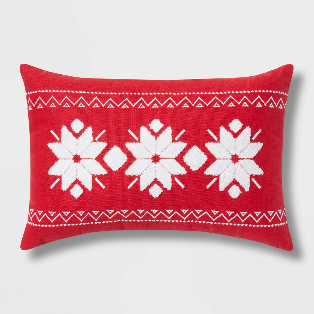Fair Isle Embroidered Cotton Lumbar Christmas Throw Pillow Red/Cream - Wondershop