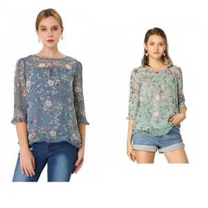 Allegra K Women's Round Neck Ruffle 3/4 Sleeve Floral Print Chiffon Blouse 2 Pcs - 1 of 4