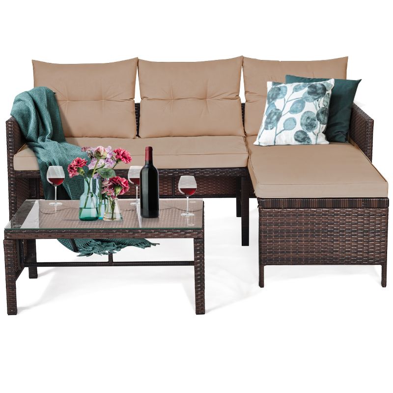 Tangkula 3PC Outdoor Furniture Set Rattan Wicker Sofa Table Deck Garden Patio, 3 of 10