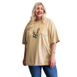 Slickblue Women's Plus Size Cotton Tunic Top, Boxy Fit, Mineral Wash, Round Neck, Light Mustard/Light Mudd, Size 1XL-3XL - 1 of 4