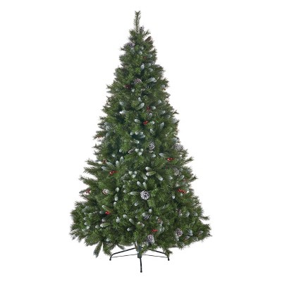 GDFStudio 7 Foot Mixed Spruce Pre Lit/Unlit Hinged Artificial Christmas Tree with Red Berry Frosted Branches and Frosted Pinecones