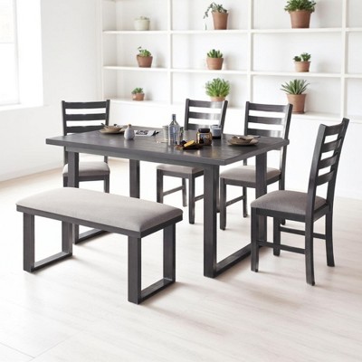 6-Piece Dining Table Set, Solid Wood Dining Table with 4 Upholstered Chairs & Bench, MDF Top, Modern Minimalist Design for Kitchen, Dining Room