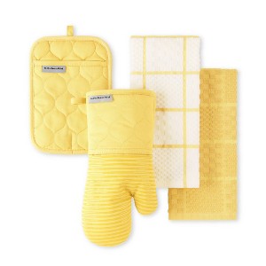 KITCHENAID Quilted Cotton Terry Cloth Oven Mitt, Pot Holder, Kitchen Towel 4-Pack, Heat Resistant, Silicone Grip, Butter, 16"x26", 7"x13" & 7"x10" - 1 of 4