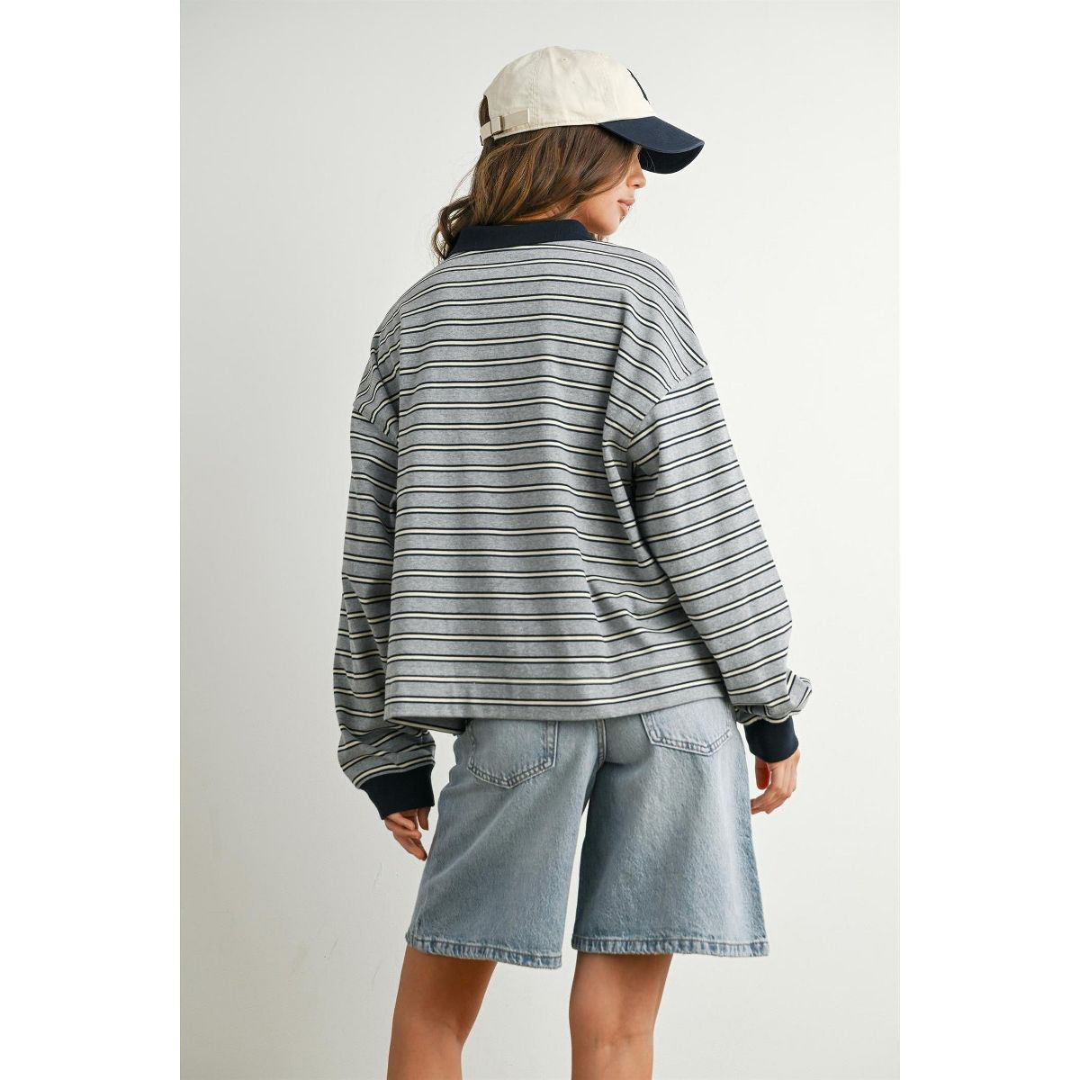 BUTTERMELON Womens Quarter-Button Striped Collared Long Sleeve Top - thumbnail 7