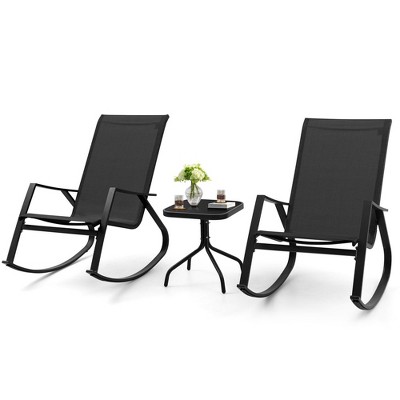 Crestlive Products 3 PCS Patio Bistro Set, Rocking Chairs with Tempered Class Coffee Table Side Table