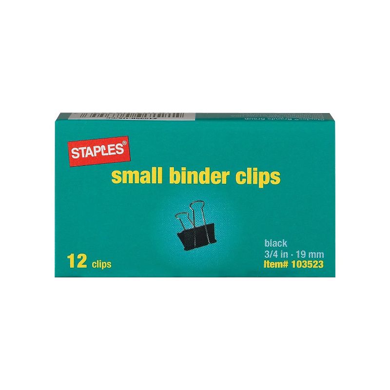 Staples Binder Clips Small 3/4" Width 3/8" Capacity Black 12/Pk 15350, 1 of 2