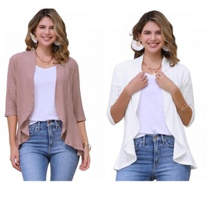 INSPIRE CHIC Women's 3/4 Sleeve Dressy Neck Ruffle Open Front Casual Eyelet Cardigans 2 Packs - 1 of 4