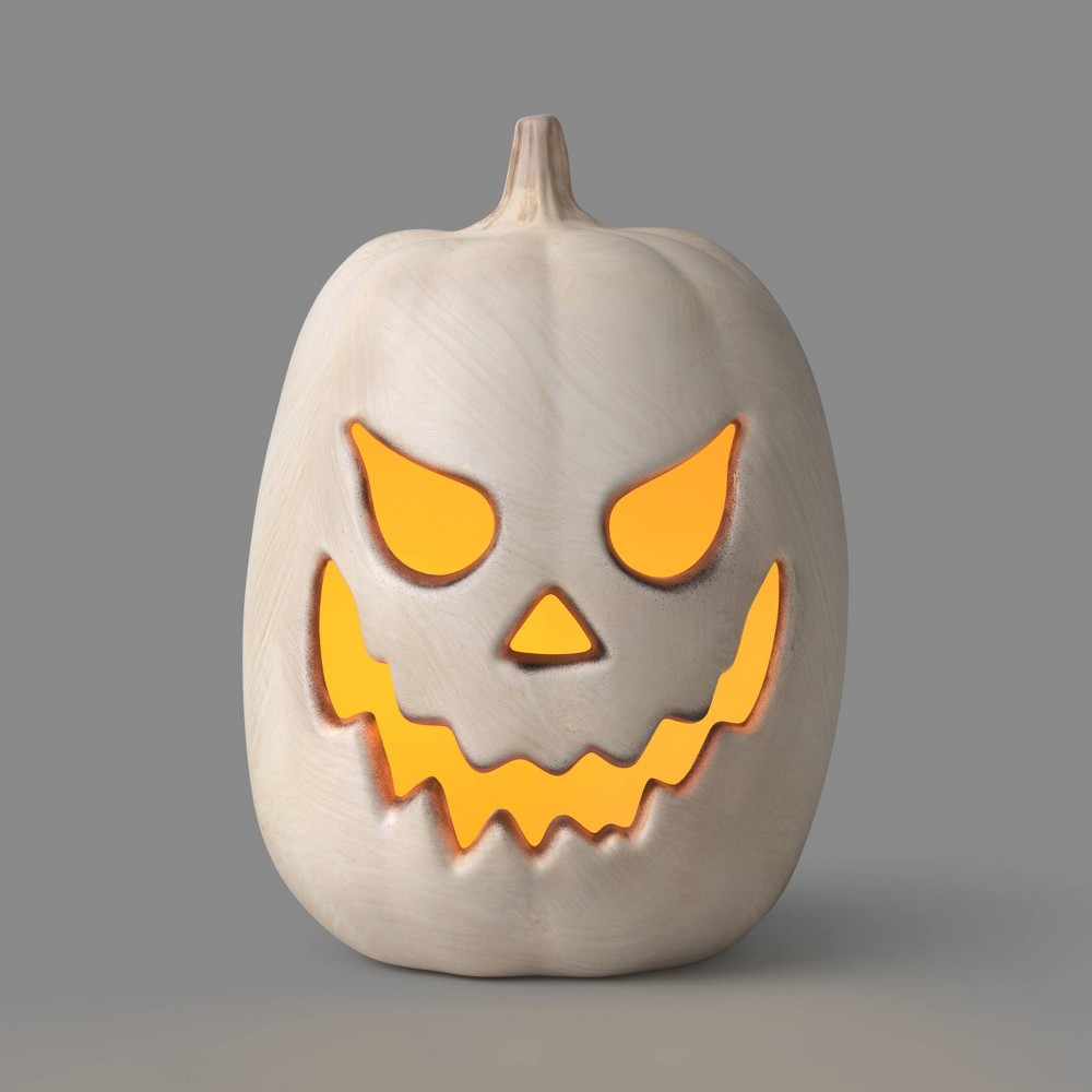 16" Classic Lit Pumpkin Jack O' Lantern with Timer and Terracotta Look Halloween Decorative Prop Off-White - Hyde and EEK! Boutique™