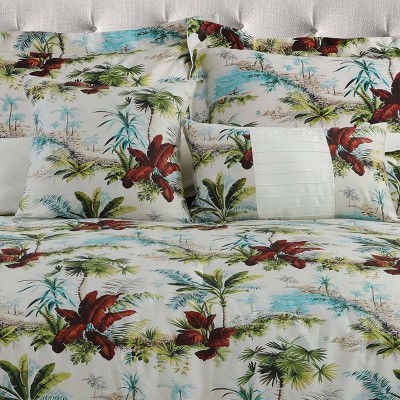 Queen White Cotton Sateen Tropical Comforter Set