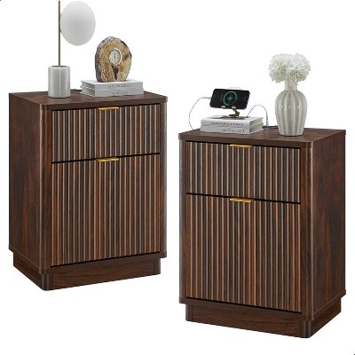 SinCiDo 23" Fluted Nightstand w/Charging Station, 2 Drawer Mid Century Modern End Table w/Storage for Bedroom & Living Room