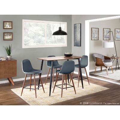 Set of 2 Blue Fabric and Walnut Wood Mid-Century Modern Bar Stools