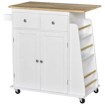 HOMCOM Rolling Kitchen Island Cart with Rubber Wood Top 3-Tier Spice Rack Towel Rack and Drawers for Dining Room