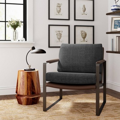 Brown Faux Leather and Metal Mid-Century Modern Armchair