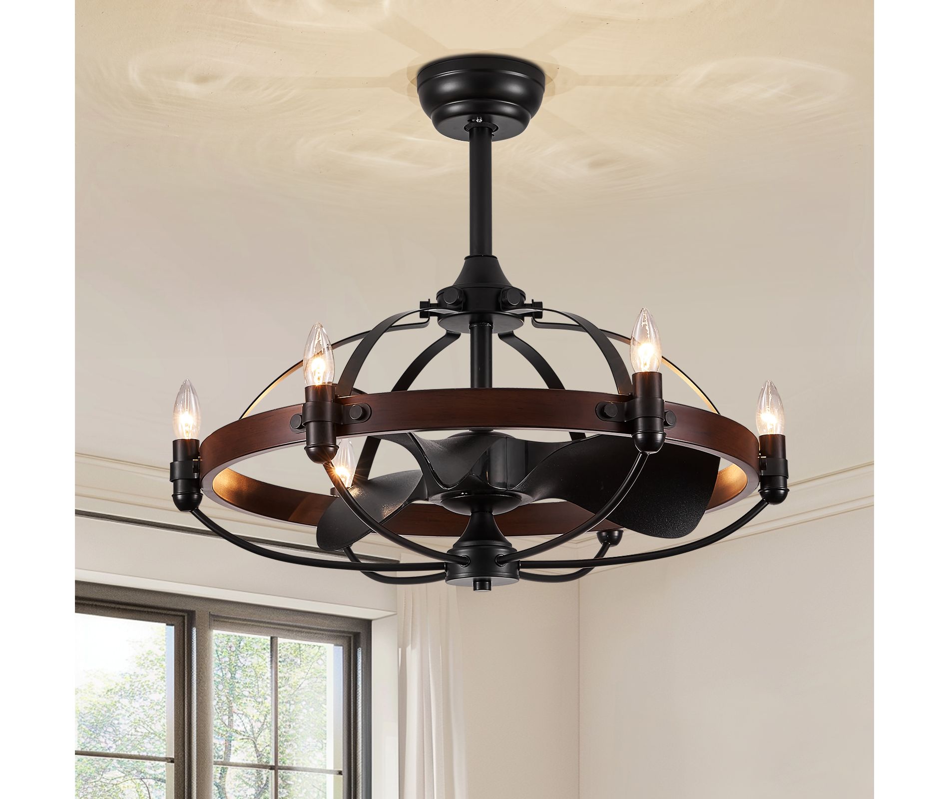 Ludomide 27"  Farmhouse Style Chandelier Ceiling Fan with Light and Remote Control for Bedroom Kitchen Dining Room-Brown Walnut