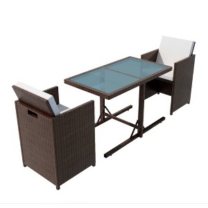 vidaXL Poly Rattan 3 Piece Bistro Set - Brown - Dining Furniture Set with Cushions, Glass Tabletop, Weather-Resistant Material for Garden & Patio - 1 of 4