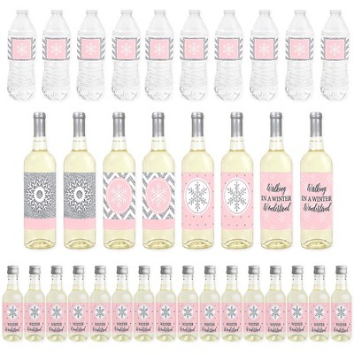 Big Dot of Happiness Pink Winter Wonderland - Holiday Snowflake Birthday Party or Baby Shower Decor - Beverage Bar Kit - 34 Pieces