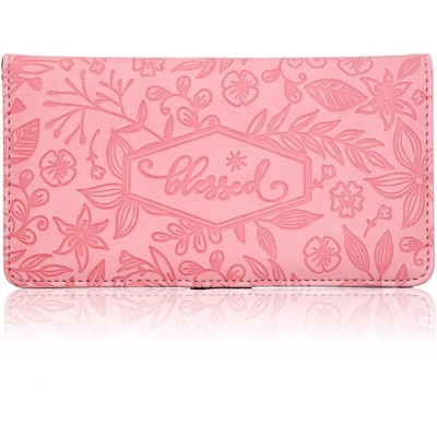 Juvale Checkbook Cover Wallet Credit Card Holder with RFID Blocking, Embossed Floral Design with Blessed Imprint for Women, PU Leather Pink