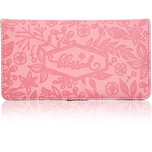 Juvale Checkbook Cover Wallet Credit Card Holder With Rfid Blocking,  Embossed Floral Design With Blessed Imprint For Women, Pu Leather Pink :  Target