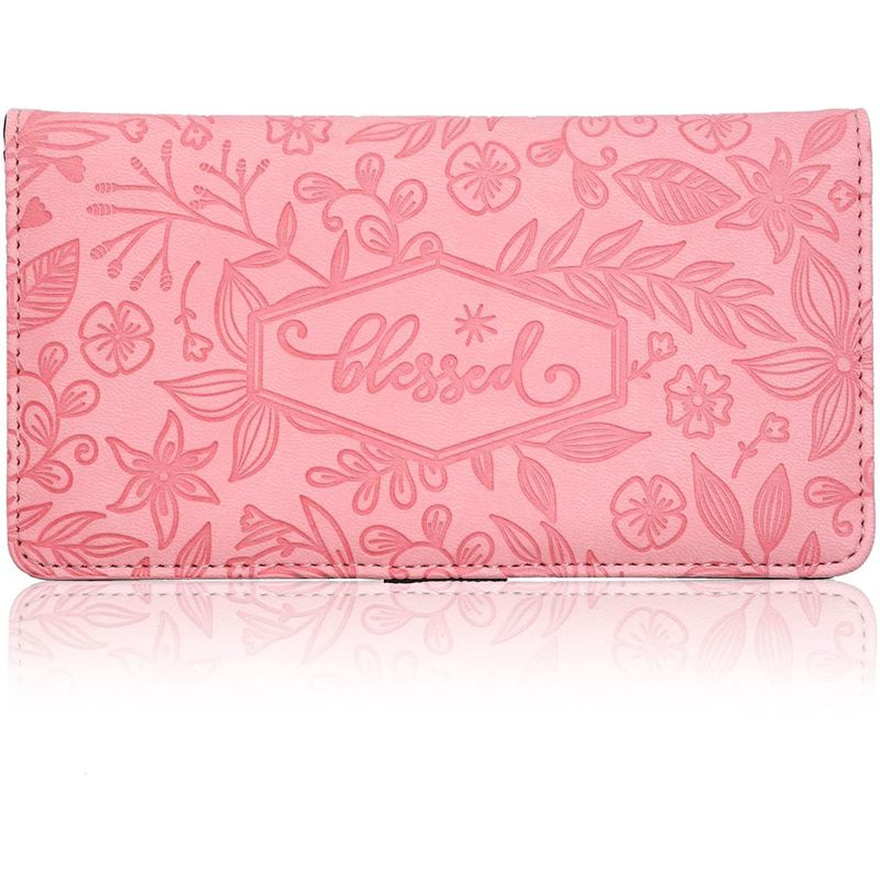 Juvale Checkbook Cover Wallet Credit Card Holder with RFID Blocking, Embossed Floral Design with Blessed Imprint for Women, PU Leather Pink, 1 of 6