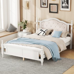 KIGFTSOD Queen Pine wooden Bed with Upholstered Headboard and Panel Footboard - 1 of 4