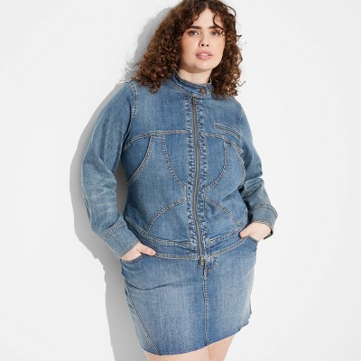 Women's Fitted Denim Moto Jacket - Wild Fable™ Medium Wash