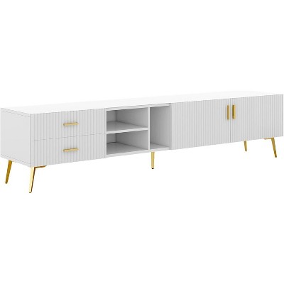 Acekool Modern TV Stand with 4 Hidden Storage Spaces, 3 Open Shelves & 2 Drawers, Supports TVs up to 77", White with Champagne Legs