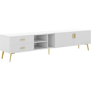 Acekool Modern TV Stand with 4 Hidden Storage Spaces, 3 Open Shelves & 2 Drawers, Supports TVs up to 77", White with Champagne Legs - 1 of 4