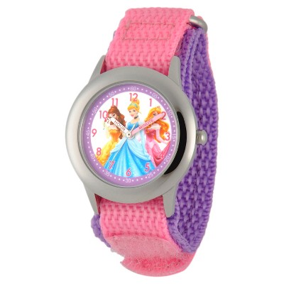 Girls' Disney Princess Belle, Cinderella, and Aurora Stainless Steel Time Teacher Watch - Pink