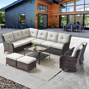 Belord 7PCS Patio Furniture Set with Swivel Chairs, All Weather Wicker L Shape Outdoor Sectional Sofa Set with Swivel Chairs, Ottomans, Coffee Table - 1 of 4