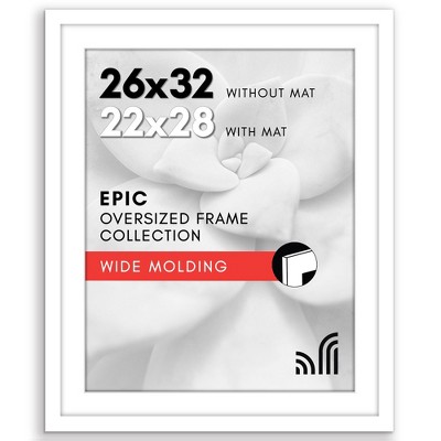 Americanflat 26x32 Picture Frame with Polished Plexiglass - 22x28 with Mat or 26x32 Without Mat - Epic - Wide Picture Frames - White
