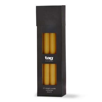 TAG Color Studio 12" Straight Taper Unscented Smokeless Paraffin Wax Candle Ochre Yellow, Burn Time 12 hrs. Set 12