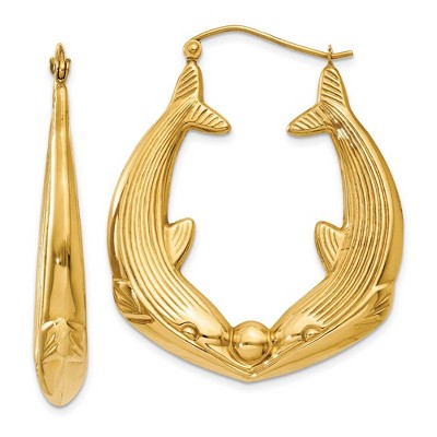 Black Bow Jewelry Large Kissing Dolphin Hoop Earrings in 14k Yellow Gold